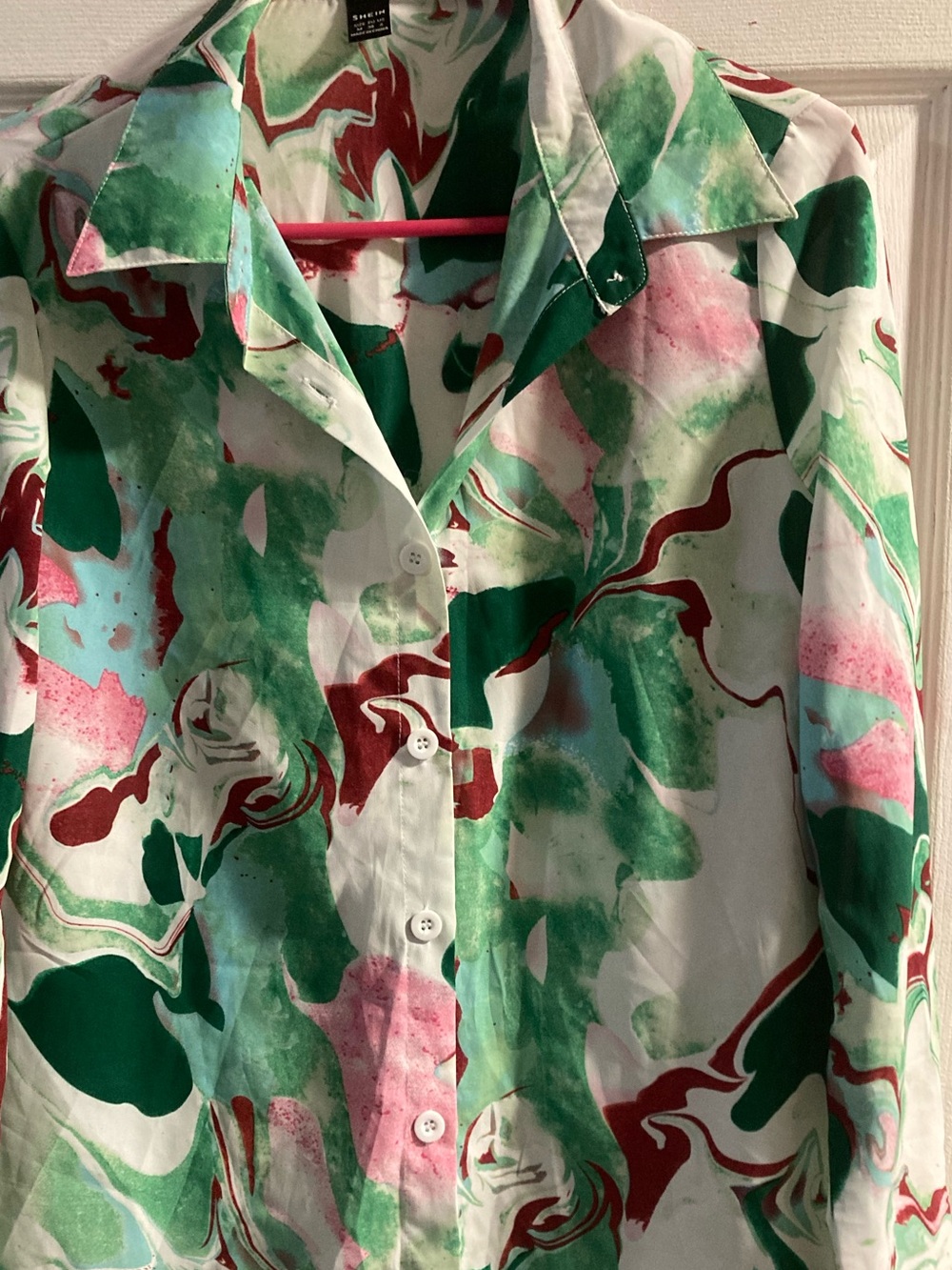 SHEIN Abstract Marble Button-Up Blazer Jacket - Green/Pink/Red